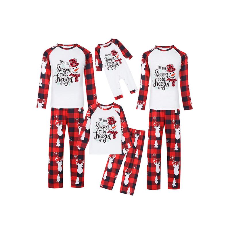 （Mom）Christmas Family Pajamas Matching Set, Snowman Letters Print T-shirt with Plaid Pants Sleepwear Loungewear Crewneck Long Sleeve