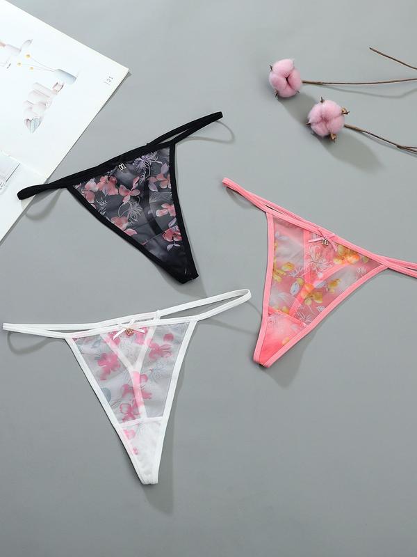 Women's Floral Print Drop Waist Thong, Soft Comfy Breathable Panty for Daily Wear, Women's Underwear for All Seasons