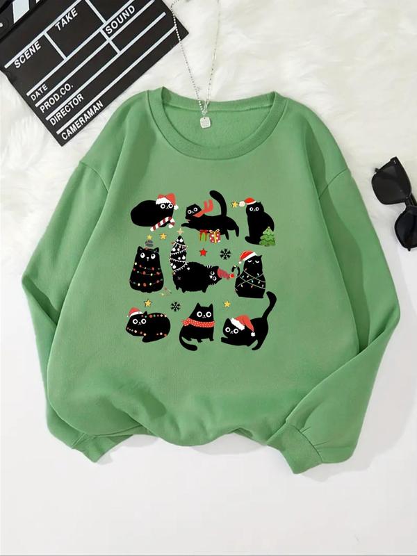 Women's Cartoon Cat Print Drop Shoulder Sweatshirt, Casual Long Sleeve Round Neck Pullover for Daily Wear, Ladies Fall & Winter Clothes