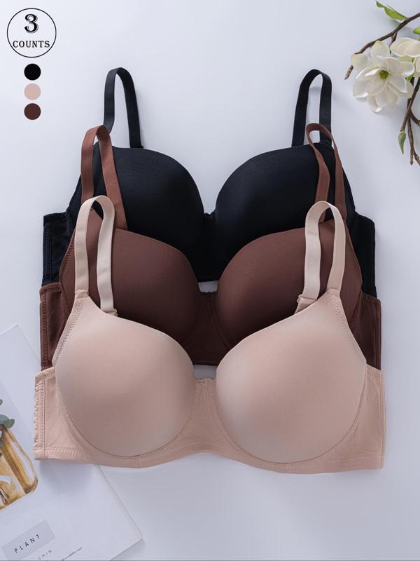  Solid Color Underwire Bra, Comfortable Breathable Adjustable Strap Bra, Women's Lingerie for All Seasons