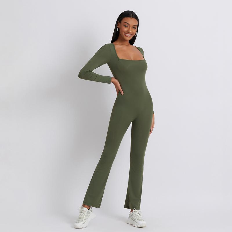 Women Jumpsuit, Long Sleeve Square Neck Solid Slim Fit Ladies Fall Romper Clubwear