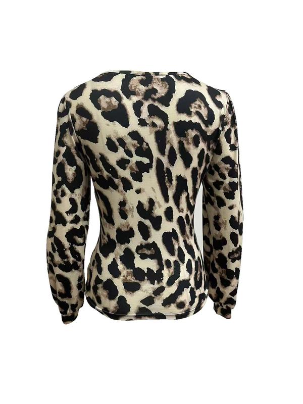 Women's Leopard-Print Lace Trim V Neck Tee, Fashion Casual Long Sleeve T-shirt for Daily Outdoor Wear, Ladies Clothes for All Seasons