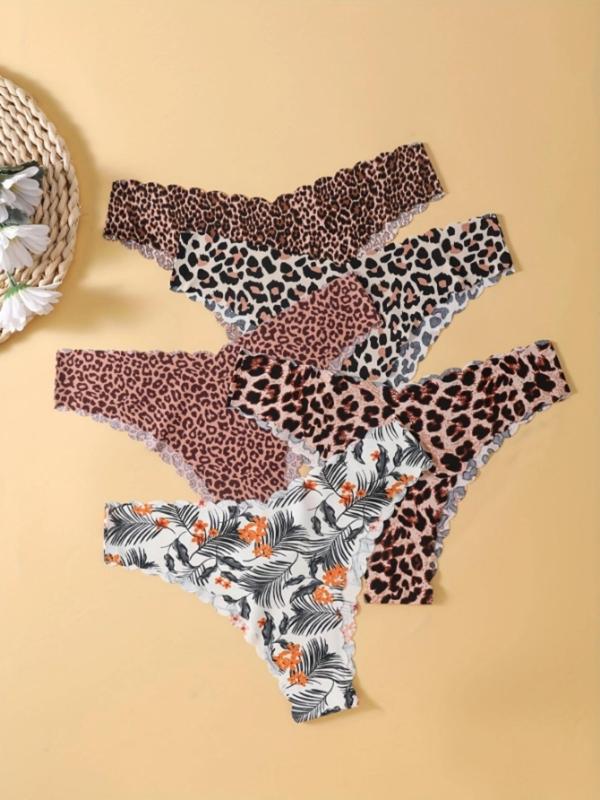 Women's 5pcs Floral & Leopard Print Scallop Trim Knicker, Soft Comfy Breathable Drop Waist Panty for Daily Wear, Underwear for All Seasons
