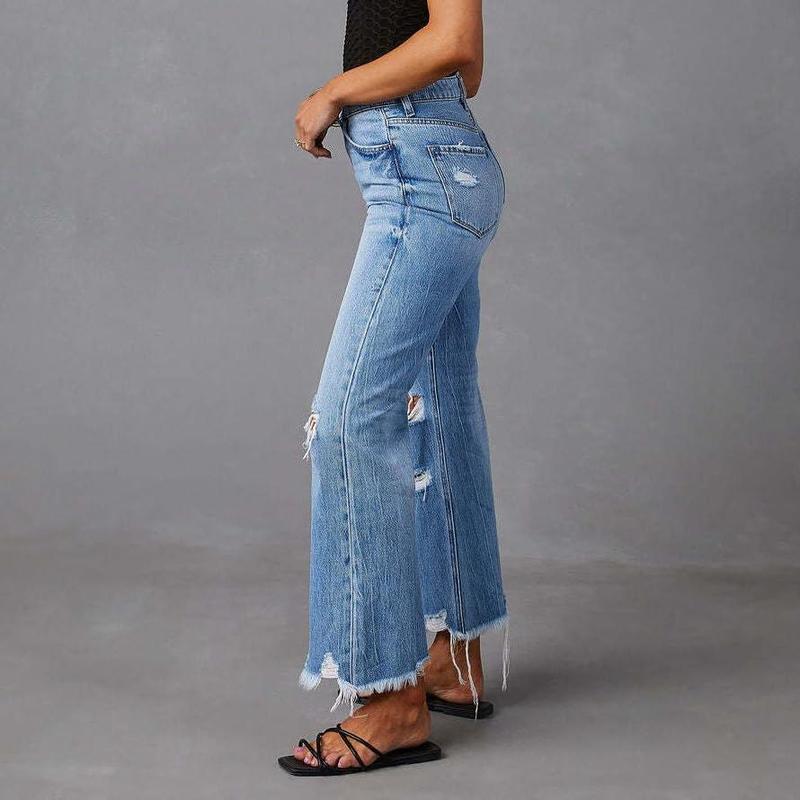 Women's High Waist Straight Leg Ripped Jeans Distressed Baggy Jeans Wide Leg High Waist Loose Denim Pants Fashion Fit