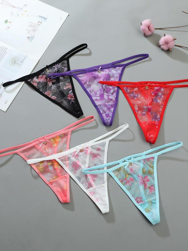 Women's Floral Print Drop Waist Thong, Soft Comfy Breathable Panty for Daily Wear, Women's Underwear for All Seasons