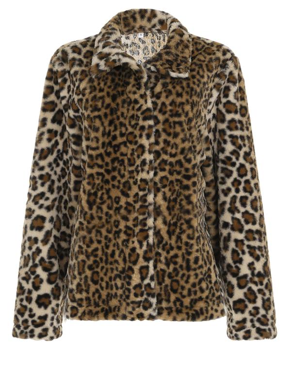 Women's Leopard Print Button Front Fleece Jacket, Street Long Sleeve Collared Fuzzy Outerwear for Fall & Winter, Ladies Clothes for Daily Wear