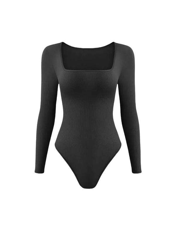 Women's Solid Square Neck Long Sleeve Shapewear Bodysuit, Casual Comfy Tummy Control Shaper, Ladies Shapewear for All Seasons Sh