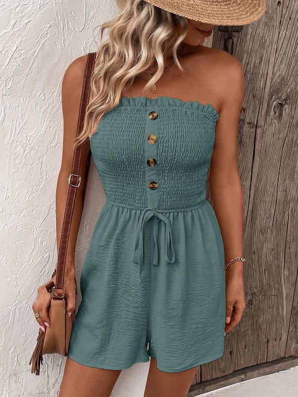 Women's Plain Frill Trim Shirred Ruched Tie Front Bandeau Romper, Boho Sleeveless Strapless High Waist Jumpsuit for Summer, Fashion Casual Women's Clothing for Daily Wear