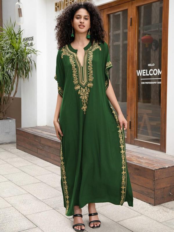 Women's Ethnic Pattern Embroidery Notched Neck Split Hem Kaftan Dress, Casual Batwing Sleeve Long Dress for Daily Wear, Ladies Clothes for All Seasons