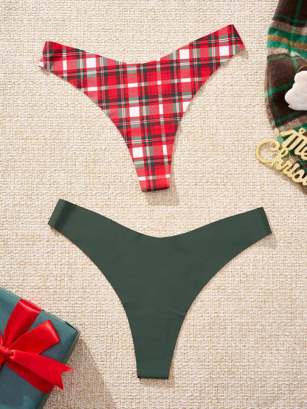 Women's Plain Plaid Print V-Waist Thong, Casual Comfy Breathable Quick Drying Panty for Christmas Daily Wear, Ladies Underwear for All Seasons