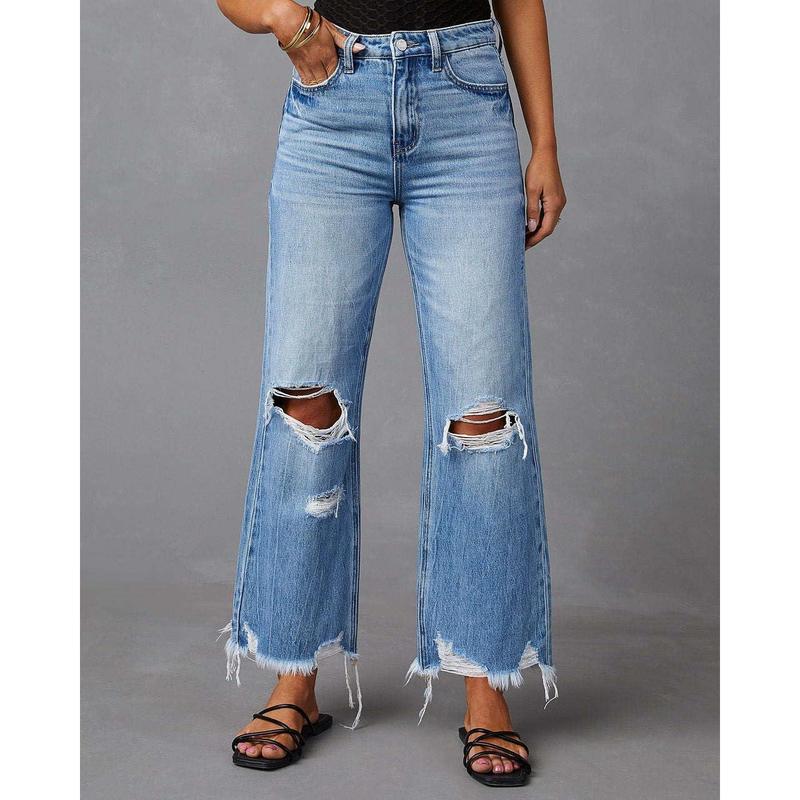 Women's High Waist Straight Leg Ripped Jeans Distressed Baggy Jeans Wide Leg High Waist Loose Denim Pants Fashion Fit