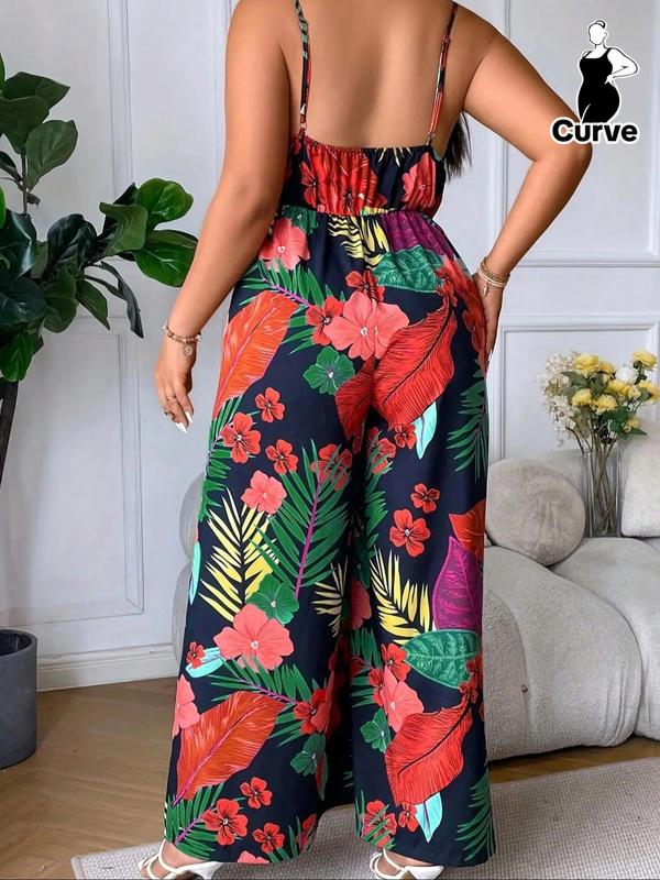 Plus Size Floral Print Cami Jumpsuit, Boho Adjustable Strap Sleeveless Jumpsuit for Beach Holiday Vacation, Women's Clothes for Summer