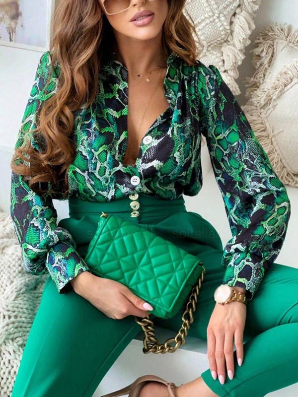 Women's Snakeskin Print Button Front Shirt, Elegant Long Sleeve Collared Top for Work Office Business, Ladies Clothes for All Seasons