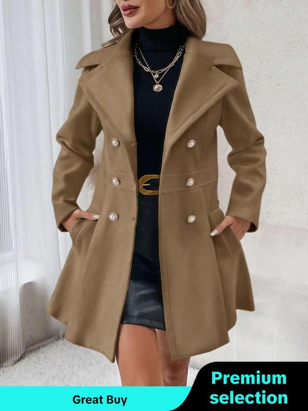 Women's Solid Double Button Pocket Pea Coat, Elegant Fashion Long Sleeve Lapel Neckline Coat for Daily Outdoor Wear, Women Clothing for Fall & Winter