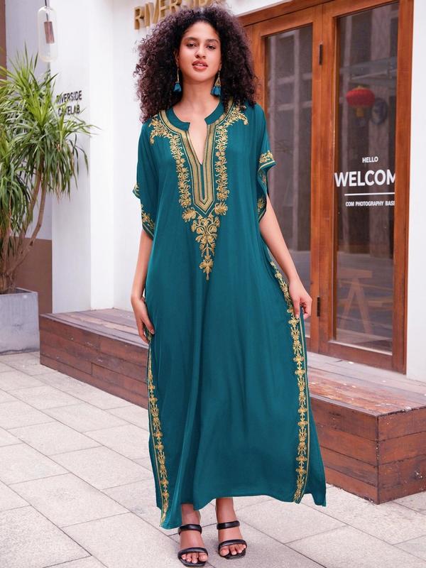 Women's Ethnic Pattern Embroidery Notched Neck Split Hem Kaftan Dress, Casual Batwing Sleeve Long Dress for Daily Wear, Ladies Clothes for All Seasons