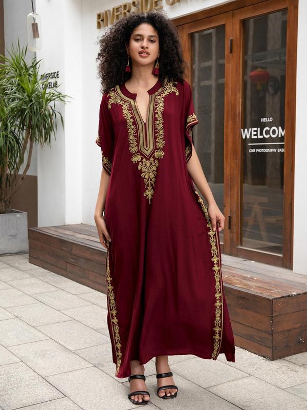 Women's Ethnic Pattern Embroidery Notched Neck Split Hem Kaftan Dress, Casual Batwing Sleeve Long Dress for Daily Wear, Ladies Clothes for All Seasons