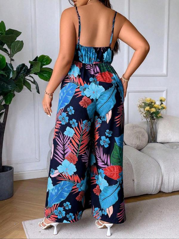 Plus Size Floral Print Cami Jumpsuit, Boho Adjustable Strap Sleeveless Jumpsuit for Beach Holiday Vacation, Women's Clothes for Summer