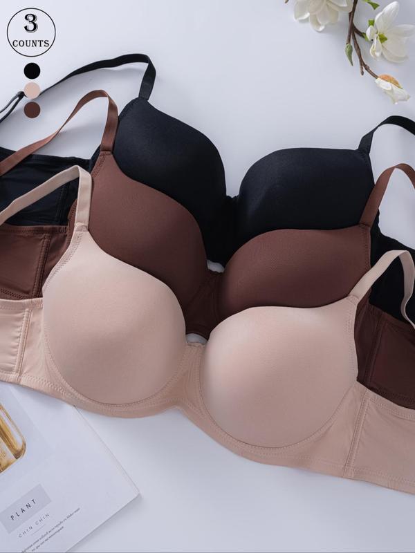  Solid Color Underwire Bra, Comfortable Breathable Adjustable Strap Bra, Women's Lingerie for All Seasons