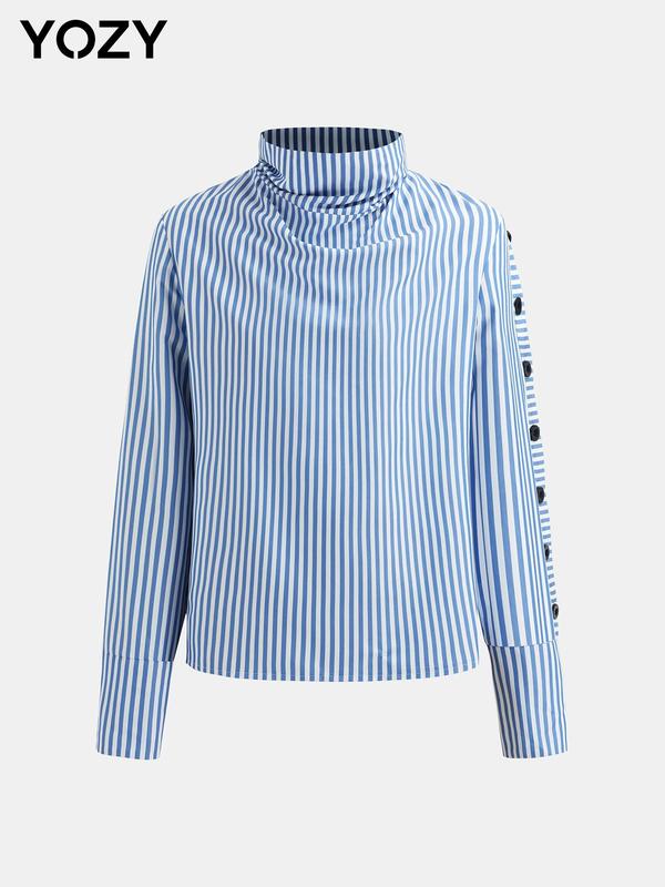 YOZY Women's Striped Print Button High Neck Blouse, Casual Long Sleeve Top for Daily Wear, Ladies Clothes for All Seasons