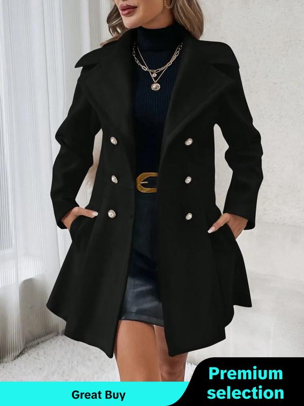 Women's Solid Double Button Pocket Pea Coat, Elegant Fashion Long Sleeve Lapel Neckline Coat for Daily Outdoor Wear, Women Clothing for Fall & Winter