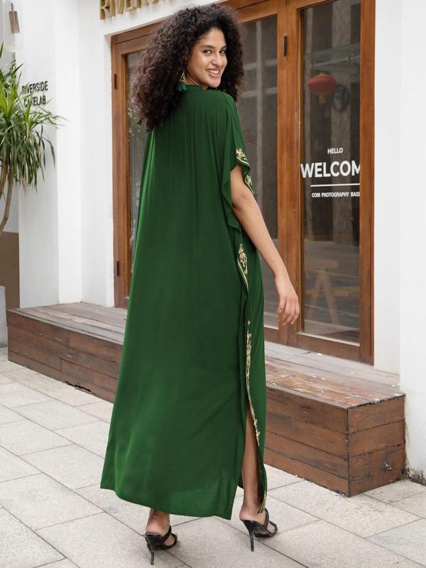 Women's Ethnic Pattern Embroidery Notched Neck Split Hem Kaftan Dress, Casual Batwing Sleeve Long Dress for Daily Wear, Ladies Clothes for All Seasons