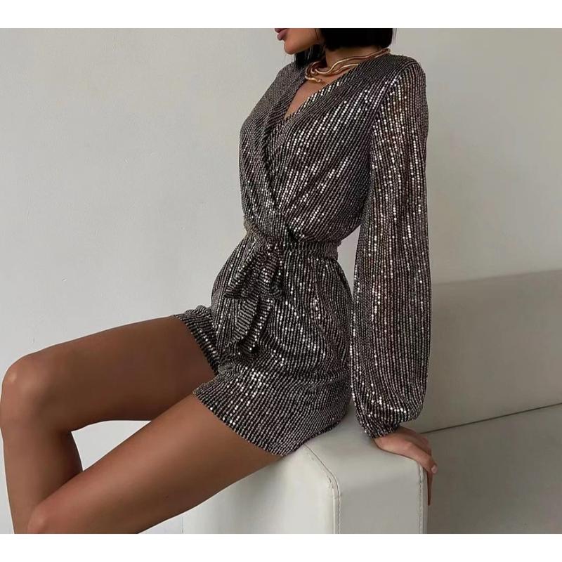 Women's Sequin Saprkly Mini Dress Long Sleeve Homecoming V Neck Bodycon Dress Party Prom Cocktail Glitter Dress