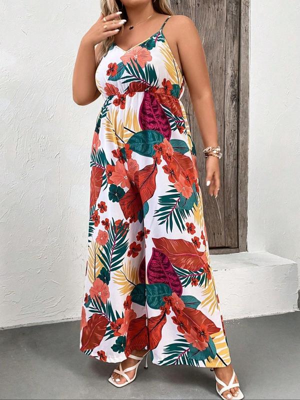 Plus Size Floral Print Cami Jumpsuit, Boho Adjustable Strap Sleeveless Jumpsuit for Beach Holiday Vacation, Women's Clothes for Summer