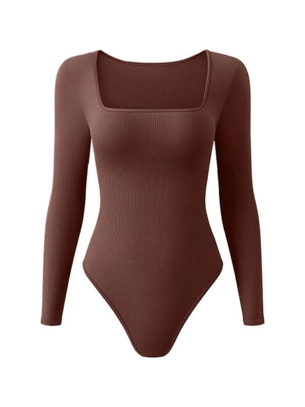 Women's Solid Square Neck Long Sleeve Shapewear Bodysuit, Casual Comfy Tummy Control Shaper, Ladies Shapewear for All Seasons Sh