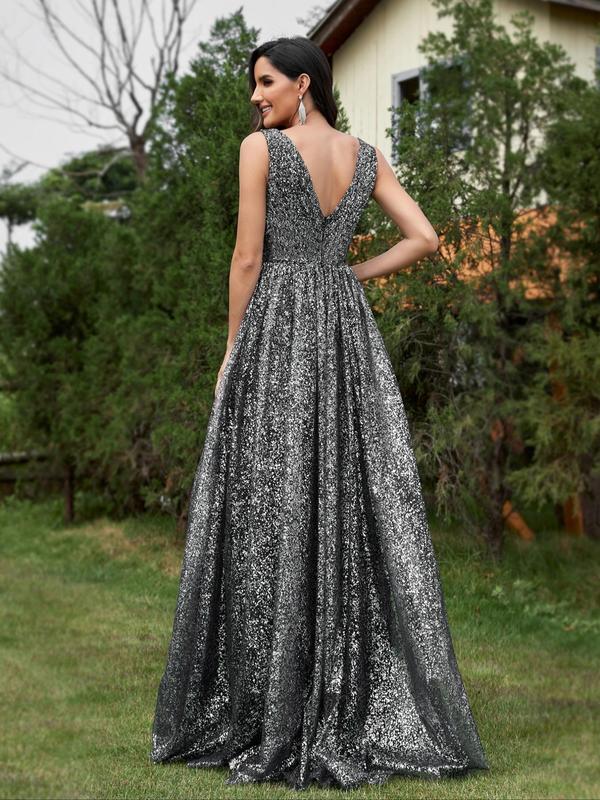 Women's Glitter Backless Split Thigh Maxi Party Dress, Elegant Deep V Neck Sleeveless Evening Gown, Ladies Summer Clothes