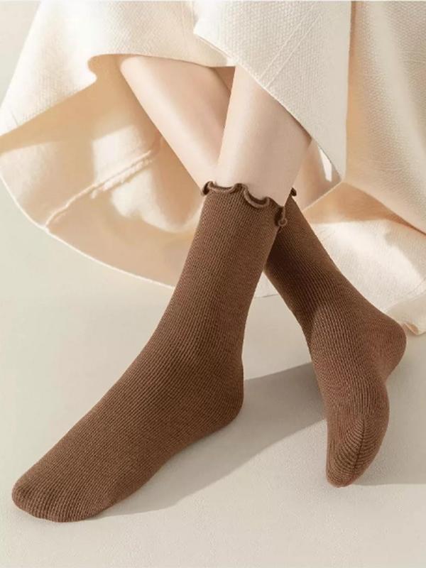 Women's Solid Lettuce Trim Mid-calf Socks, Casual Soft Comfy Warm Socks for Fall & Winter, Women's Socks for Daily Wear