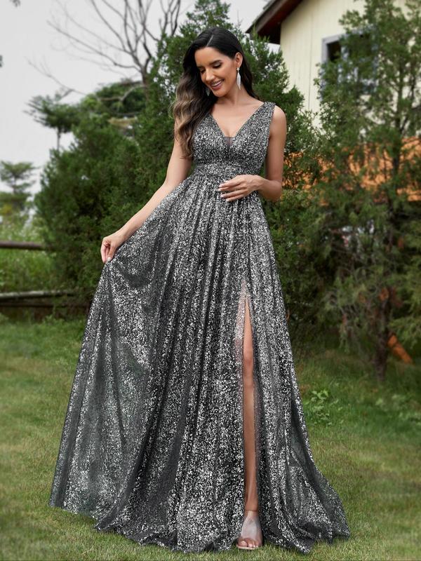 Women's Glitter Backless Split Thigh Maxi Party Dress, Elegant Deep V Neck Sleeveless Evening Gown, Ladies Summer Clothes