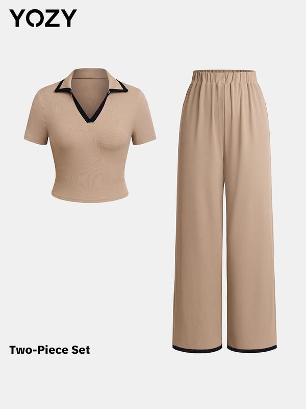 YOZY Women's Contrast Binding Short Sleeve Tee & Wide Leg Pants Two-piece Set, Casual Collared Neckline T-shirt & Trousers for Summer, Ladies Clothes for Daily Wear