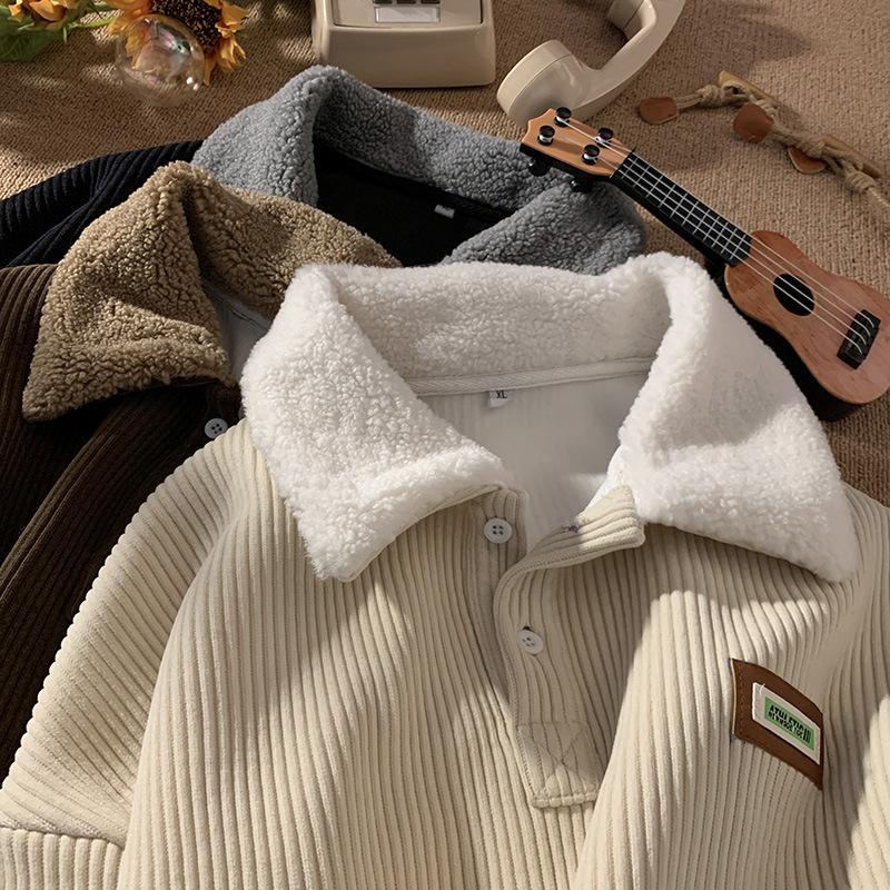 2024 Corduroy Polo collar sweater couple autumn and winter style plus velvet thickened simple fashion lamb wool coat