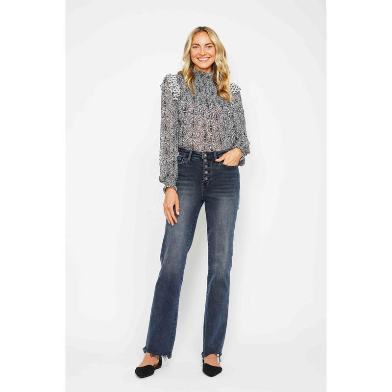 JUDY BLUE HI WAIST BUTTON FLY HEM DESTROY STRAIGHT JEANS