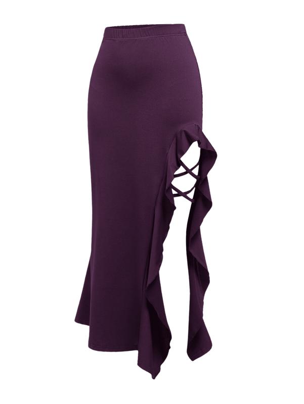 ROMWE Goth Elegant Solid Color Ruffle Hem Split Skirt