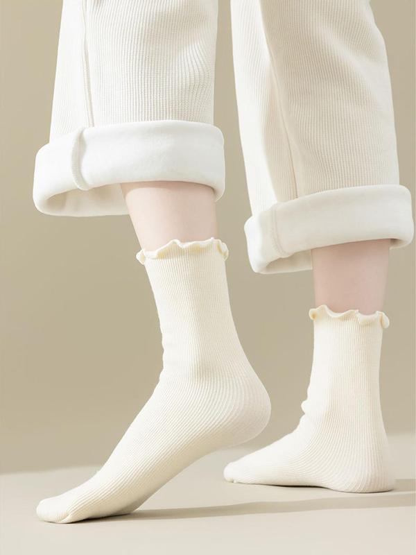 Women's Solid Lettuce Trim Mid-calf Socks, Casual Soft Comfy Warm Socks for Fall & Winter, Women's Socks for Daily Wear