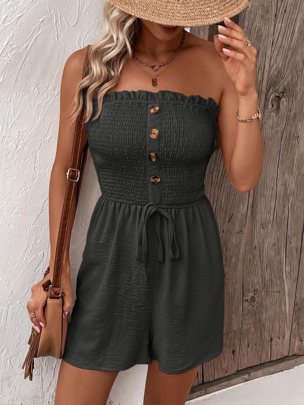 Women's Plain Frill Trim Shirred Ruched Tie Front Bandeau Romper, Boho Sleeveless Strapless High Waist Jumpsuit for Summer, Fashion Casual Women's Clothing for Daily Wear