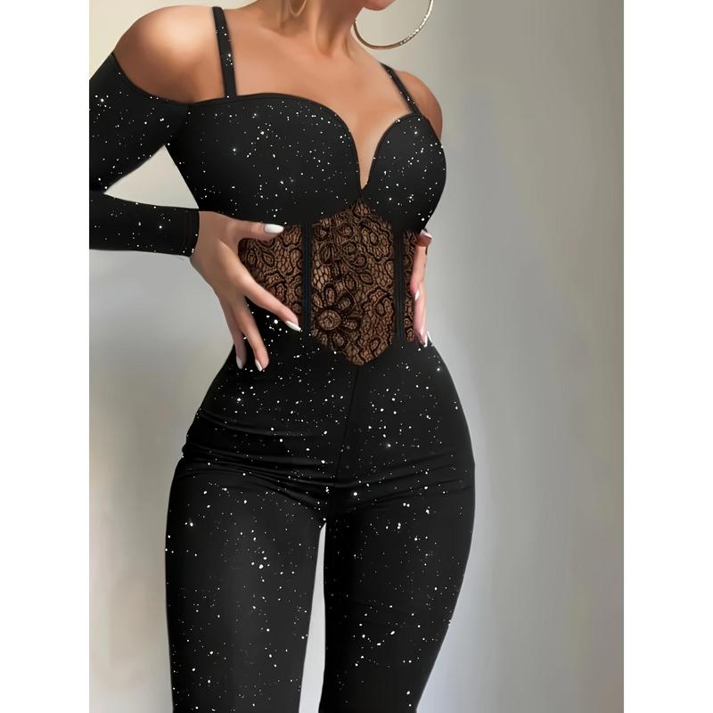 Women's Sexy One-Piece Long Sleeve Sequined Tight Jumpsuit