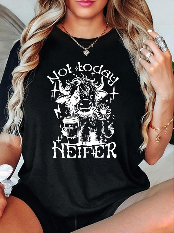 Women's Cartoon Cow & Letter Print Round Neck Tee, Fashion Casual Short Sleeve T-shirt for Daily Wear, Ladies Summer Clothes
