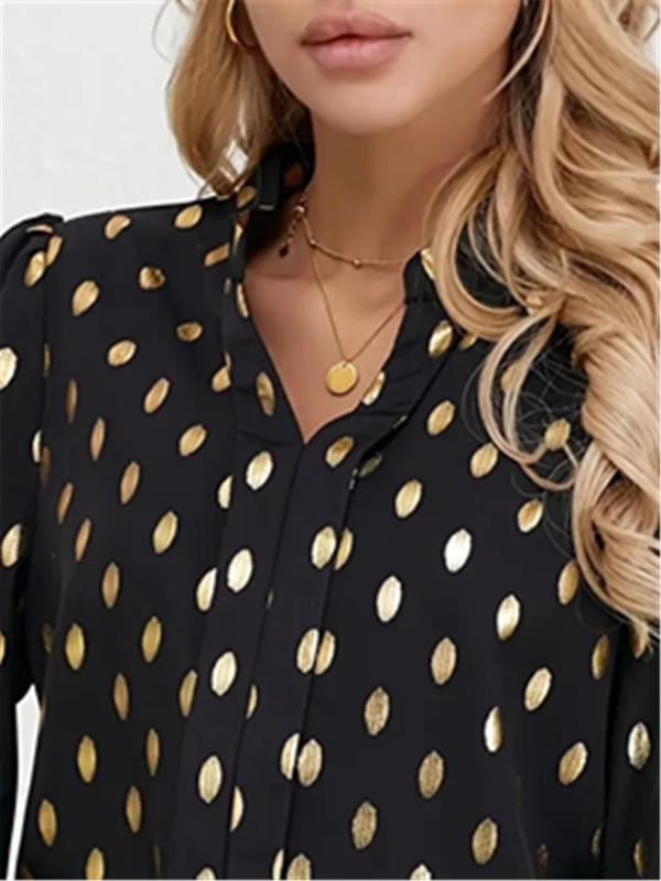 Women's Hot Stamping Print Notched Blouse, Elegant Flounce Sleeve Plicated Top, Ladies Clothes for Work Office Business