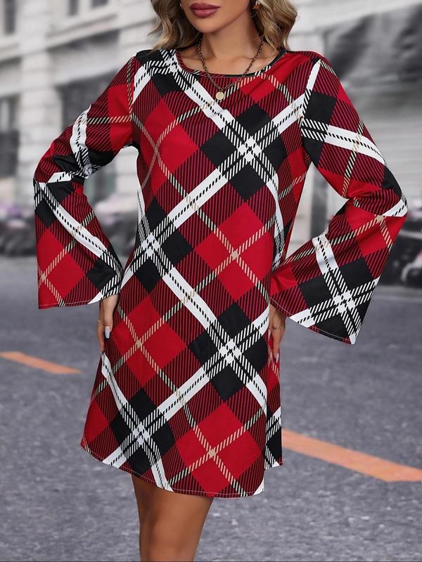 Women's Plaid Print Drop Shoulder Tunic Dress, Elegant Long Sleeve Round Neck Short Dress for Spring & Fall, Women's Clothing for Daily Wear