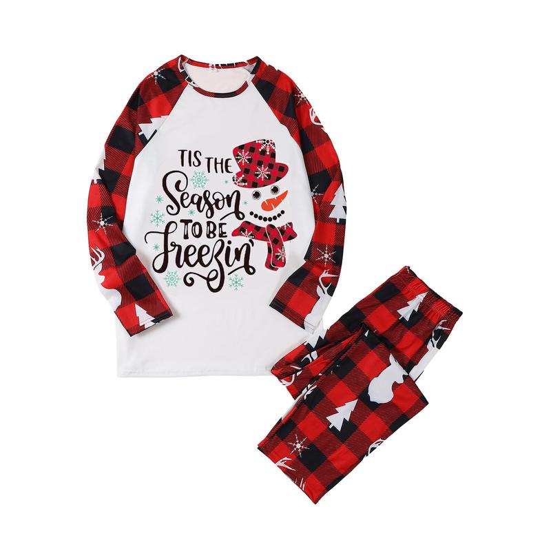 （Mom）Christmas Family Pajamas Matching Set, Snowman Letters Print T-shirt with Plaid Pants Sleepwear Loungewear Crewneck Long Sleeve