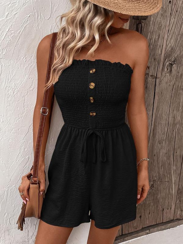 Women's Plain Frill Trim Shirred Ruched Tie Front Bandeau Romper, Boho Sleeveless Strapless High Waist Jumpsuit for Summer, Fashion Casual Women's Clothing for Daily Wear