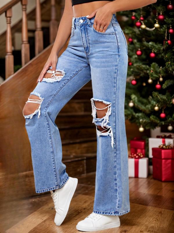 Women's Plain Ripped Button Fly Straight Leg Jeans, Casual Pocket Design Denim Trousers for Daily Wear, Ladies Bottoms for All Seasons