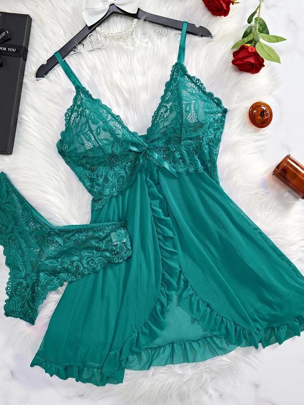 Women's Contrast Lace Ruffle Trim Wrap Cami Nightdress & Bow Front Panty Set, Adjustable Spaghetti Strap Backless Nightgown & Knicker Set, Underwear for Women