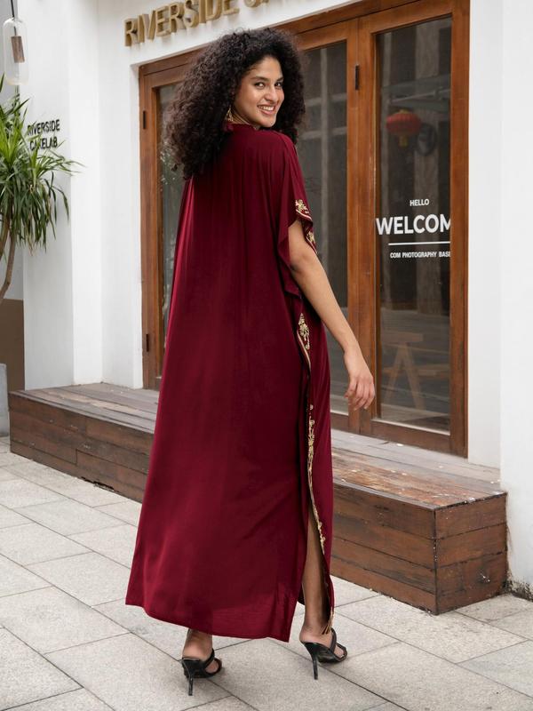 Women's Ethnic Pattern Embroidery Notched Neck Split Hem Kaftan Dress, Casual Batwing Sleeve Long Dress for Daily Wear, Ladies Clothes for All Seasons