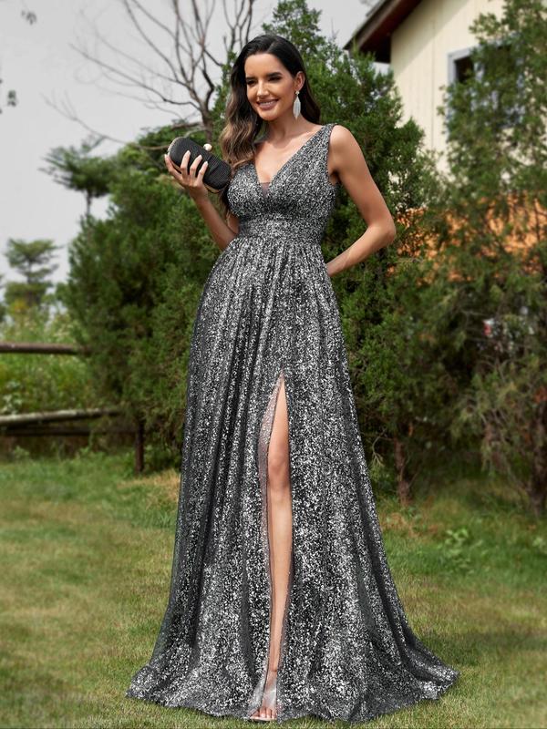 Women's Glitter Backless Split Thigh Maxi Party Dress, Elegant Deep V Neck Sleeveless Evening Gown, Ladies Summer Clothes