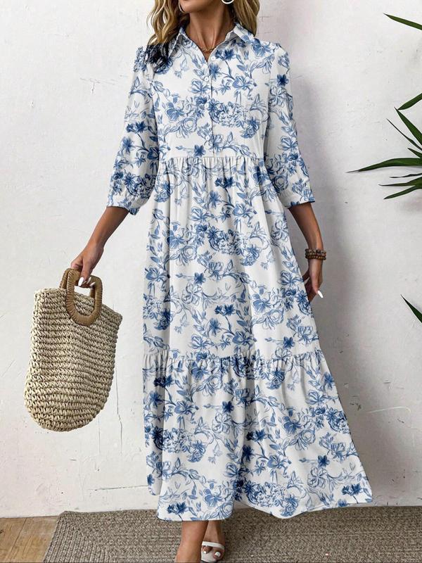 Women's Ditsy Floral Print Button Front Ruffle Hem Dress, Boho Fashion Casual Collared Long Dress for Daily Holiday Vacation Wear, Ladies Dress for Summer