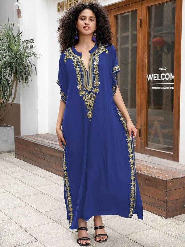 Women's Ethnic Pattern Embroidery Notched Neck Split Hem Kaftan Dress, Casual Batwing Sleeve Long Dress for Daily Wear, Ladies Clothes for All Seasons