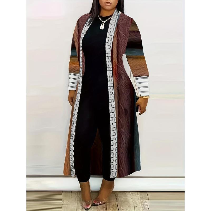 Plus Size Stripes Print Open Front Coats, Casual Long Sleeve Long Length Coats For Spring & Fall, Women's Plus Size Clothing